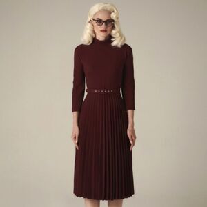 Ginger Jackie Size 40 Burgundy Mod College Turtleneck Belted Midi Dress Handmade